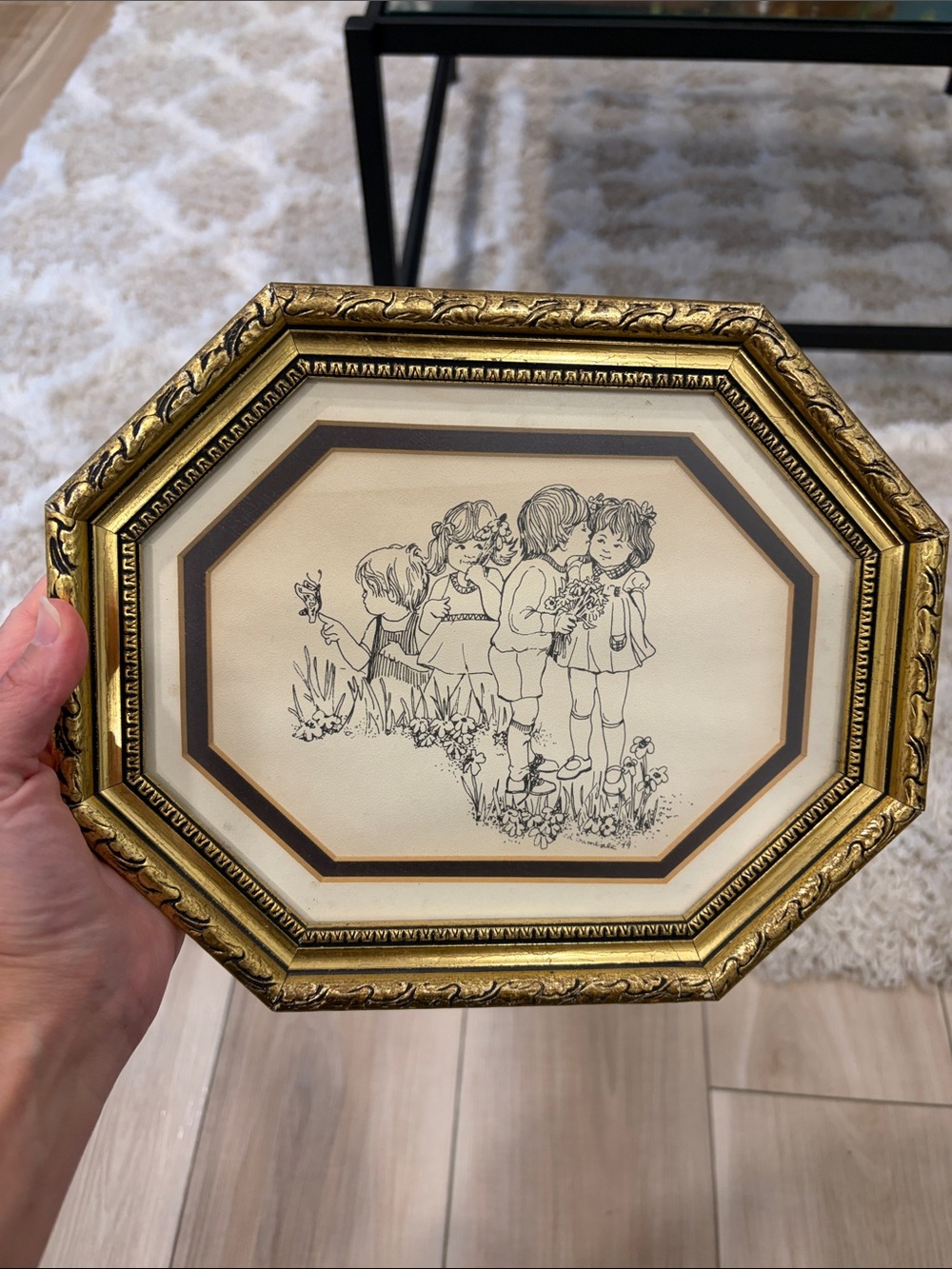 Vintage Octagonal Gold Framed Children's Line Art Print - Cream & Gold